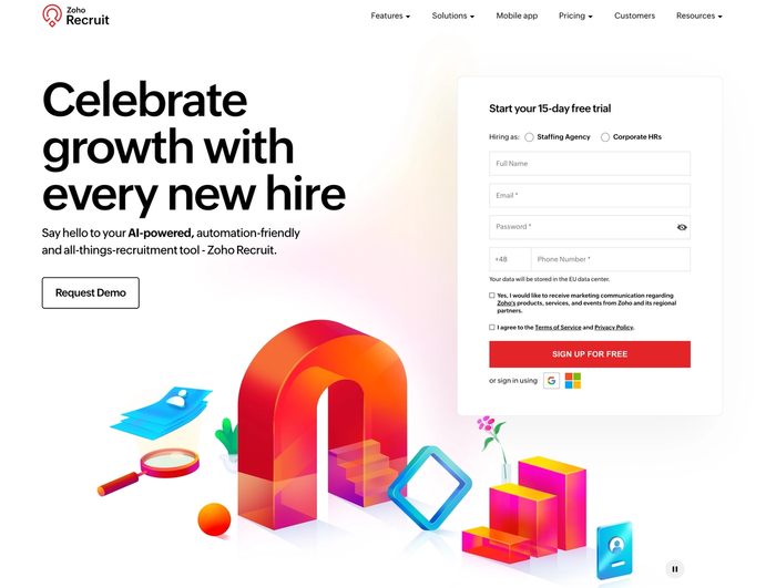 Zoho Recruit landing page promoting an AI-powered recruitment tool, featuring a free trial sign-up form and colorful 3D graphics.