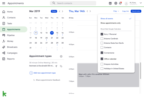 A screenshot of Google Appointments demonstrating connection with Keap
