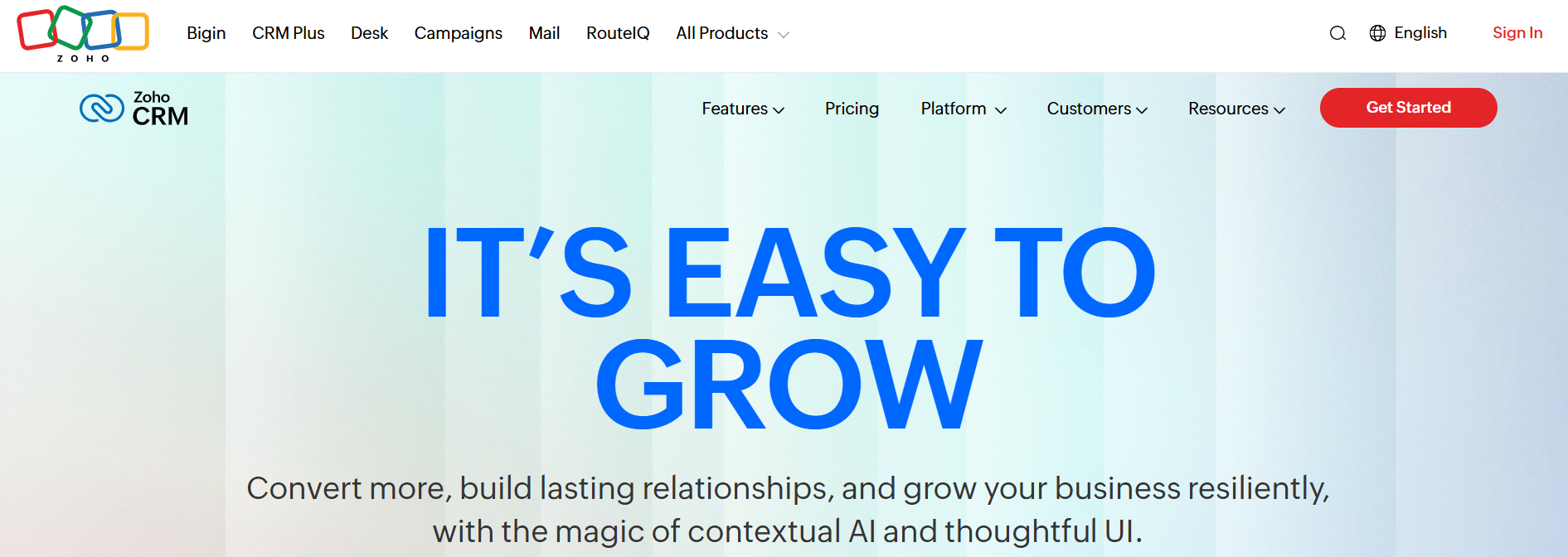 Zoho CRM homepage featuring the headline "IT'S EASY TO GROW."