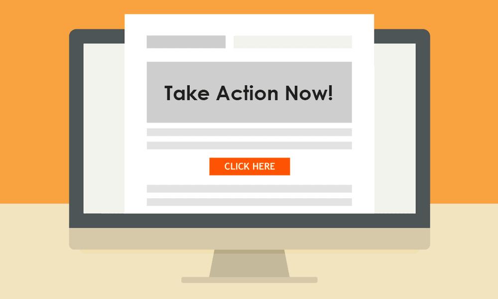 Illustration depicts a computer with an email. The email has a title and a call to action which reads click here