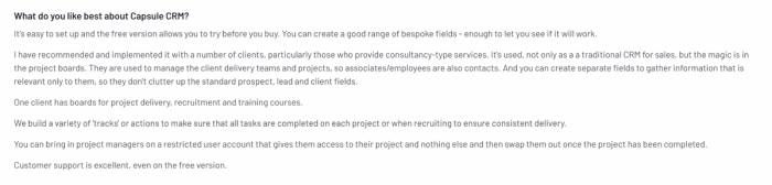 Detailed praise for Capsule CRM’s customizable fields, user-friendly setup, flexible project boards, and excellent free-tier support.