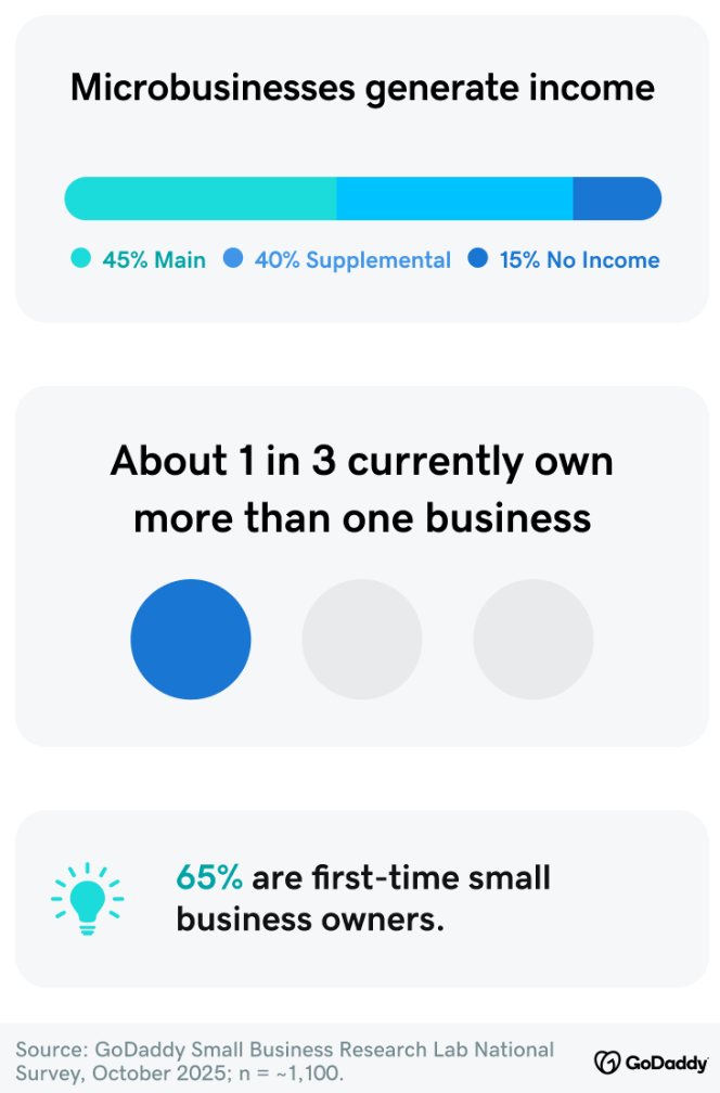 Infographic: 45% of microbusinesses generate main income, 40% supplemental, 15% no income; 1 in 3 own multiple businesses; 65% are first-time owners.