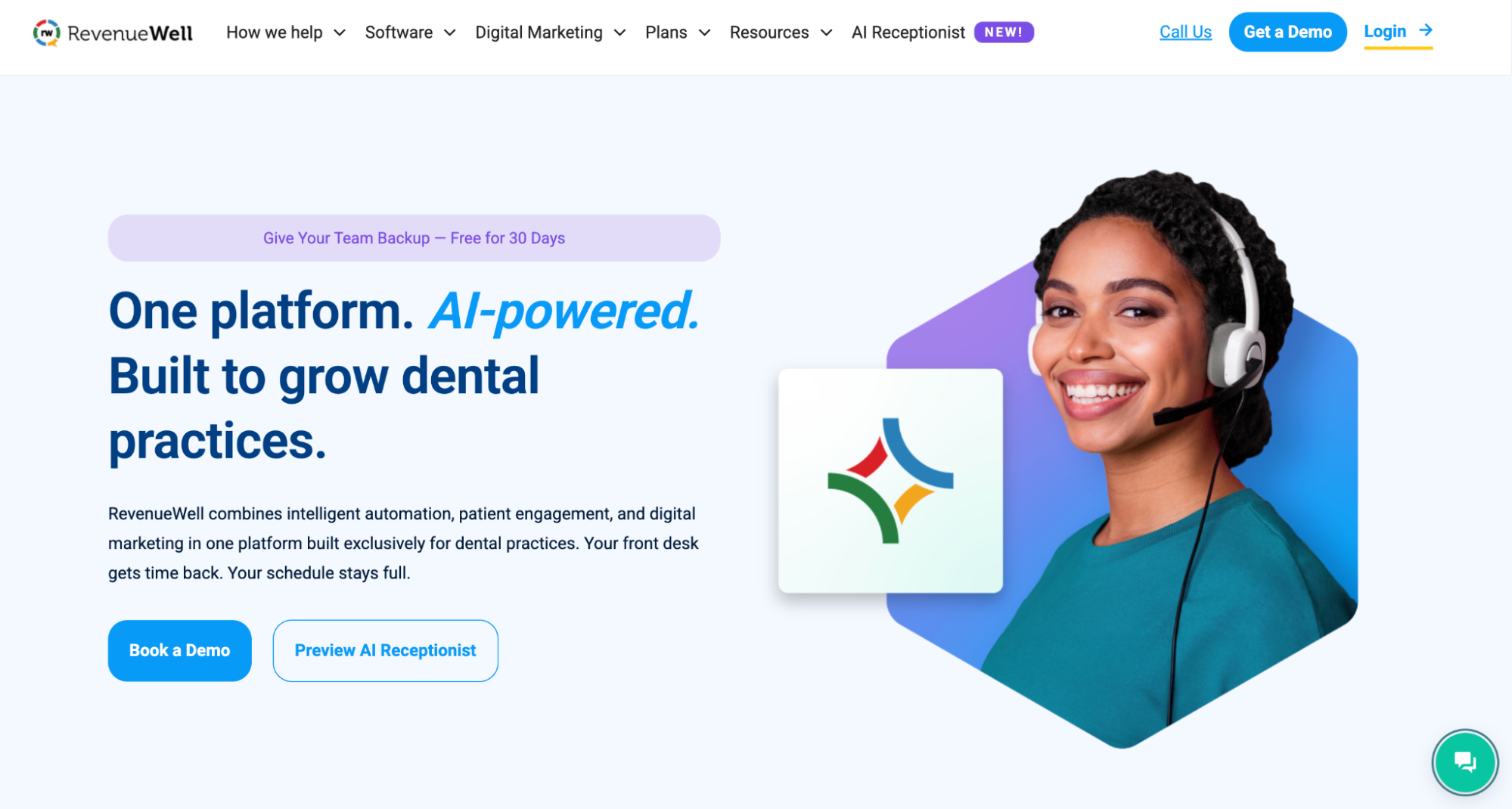 RevenueWell website homepage featuring a smiling woman in a headset, the brand logo, and text promoting an AI-powered platform for dental practices.