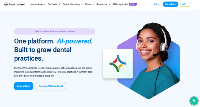 RevenueWell website homepage featuring a smiling woman in a headset, the brand logo, and text promoting an AI-powered platform for dental practices.