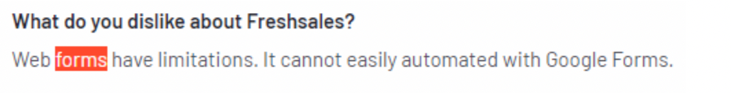 Freshsales review snippet about web form limitations.