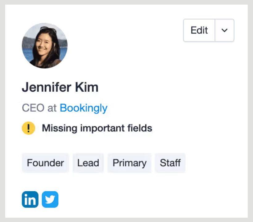 Profile card for Jennifer Kim, CEO at Bookingly, showing a warning about missing important fields.