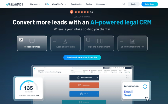 Lawmatics website displaying its AI-powered legal CRM with lead conversion features, workflow automation, and a performance dashboard.