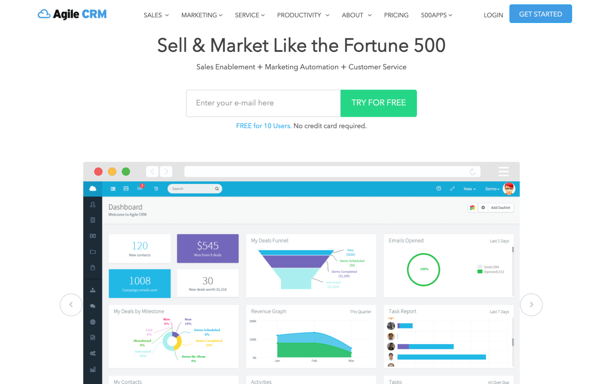 Agile CRM homepage showing "Sell & Market Like the Fortune 500" above a detailed dashboard with charts and sales data.