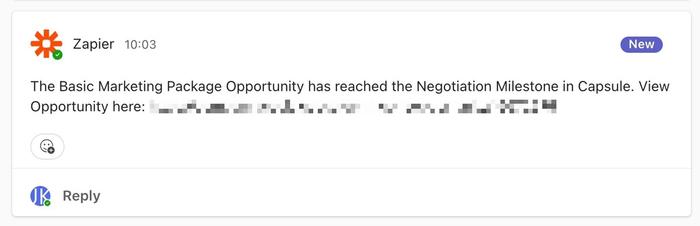 showing test message sent in microsoft teams via zapier