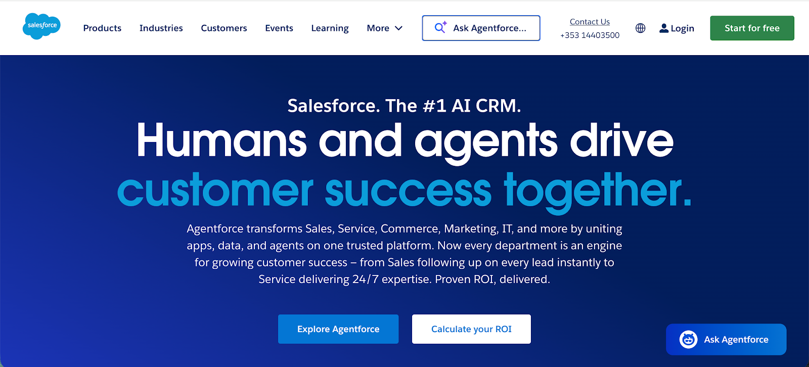 Salesforce homepage promoting its #1 AI CRM, Agentforce, with the headline "Humans and agents drive customer success together."