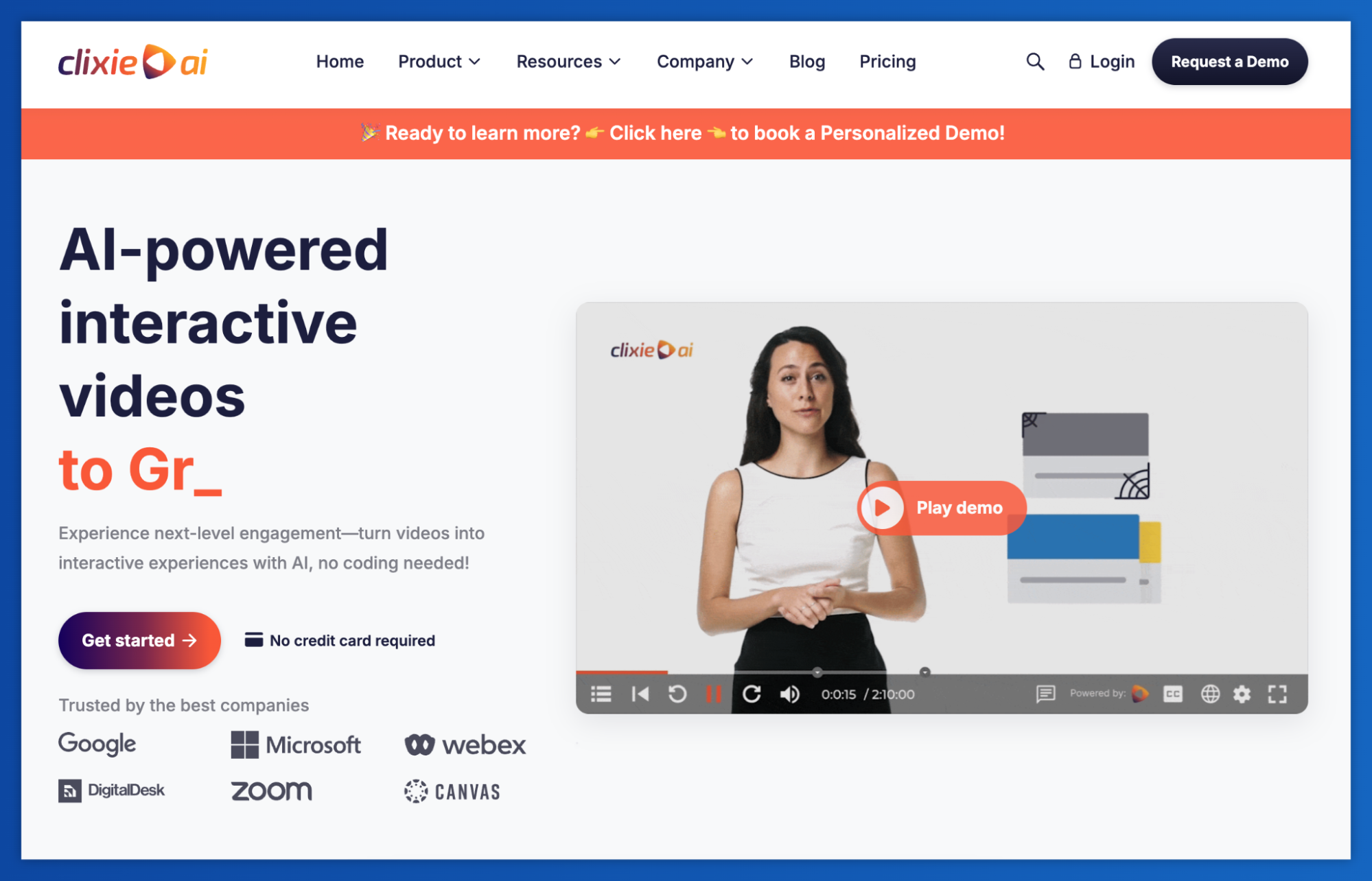 clixie ai website showcasing AI-powered interactive video technology with a demo video and partner logos.