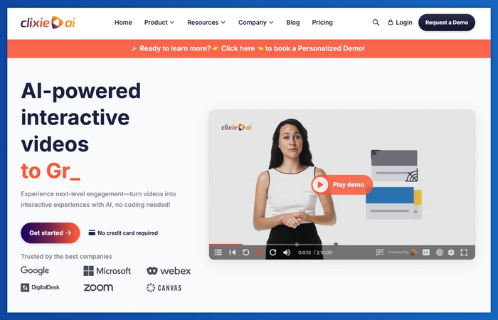 clixie ai website showcasing AI-powered interactive video technology with a demo video and partner logos.