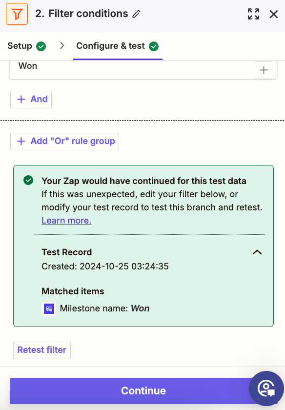 showing the successful test in the filter step