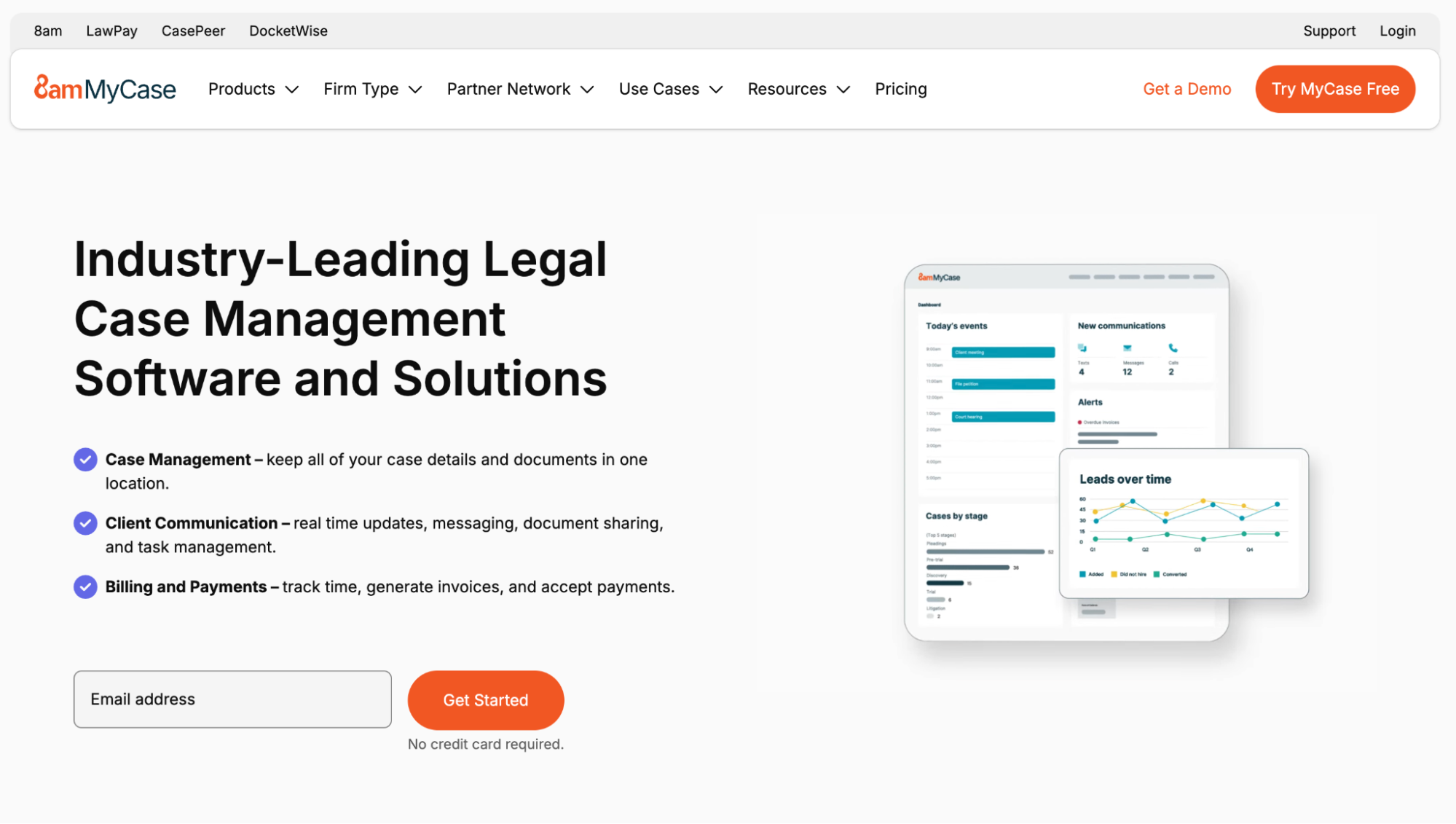 MyCase legal case management software landing page showing its features and a dashboard interface.