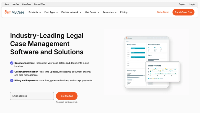 MyCase legal case management software landing page showing its features and a dashboard interface.