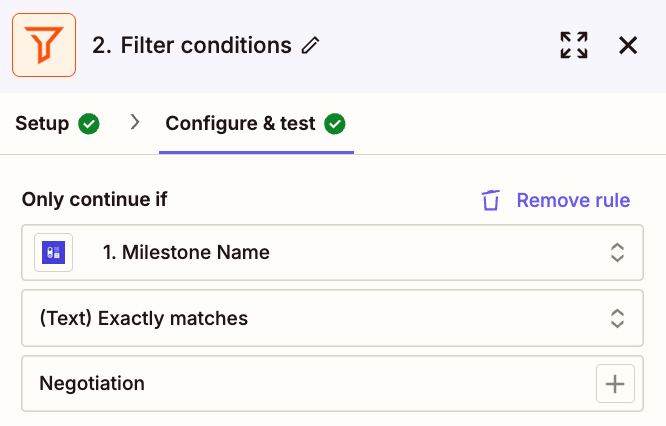 showing specific milestone name set as negotiation in slack zap