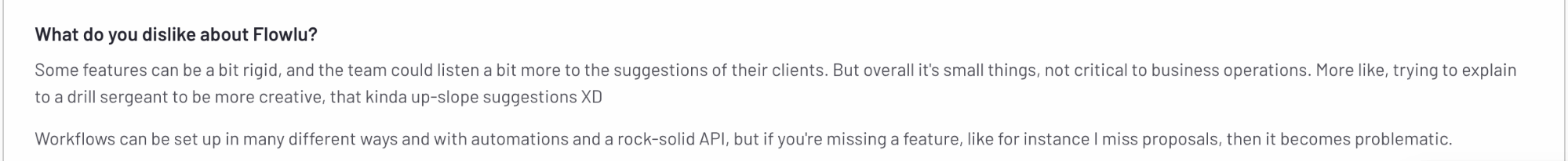 Customer feedback on Flowlu mentioning rigidity in features, lack of response to client suggestions, and issues with missing proposals.