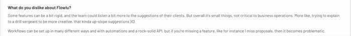 Customer feedback on Flowlu mentioning rigidity in features, lack of response to client suggestions, and issues with missing proposals.