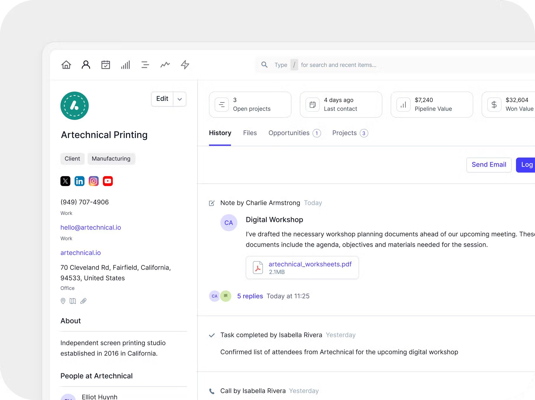 A CRM interface displaying client information, activity history, and key project metrics for "Artechnical Printing."