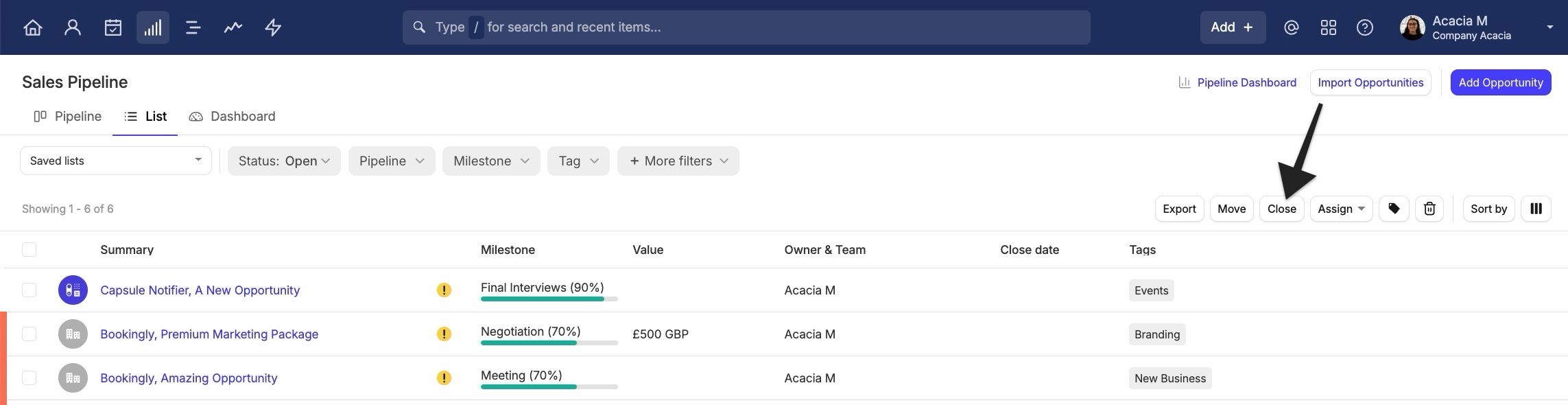 showing the bulk close button for a list of opportunities