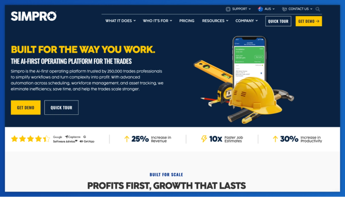 Simpro website homepage displaying its AI operating platform for trades with a mobile app and construction tools.