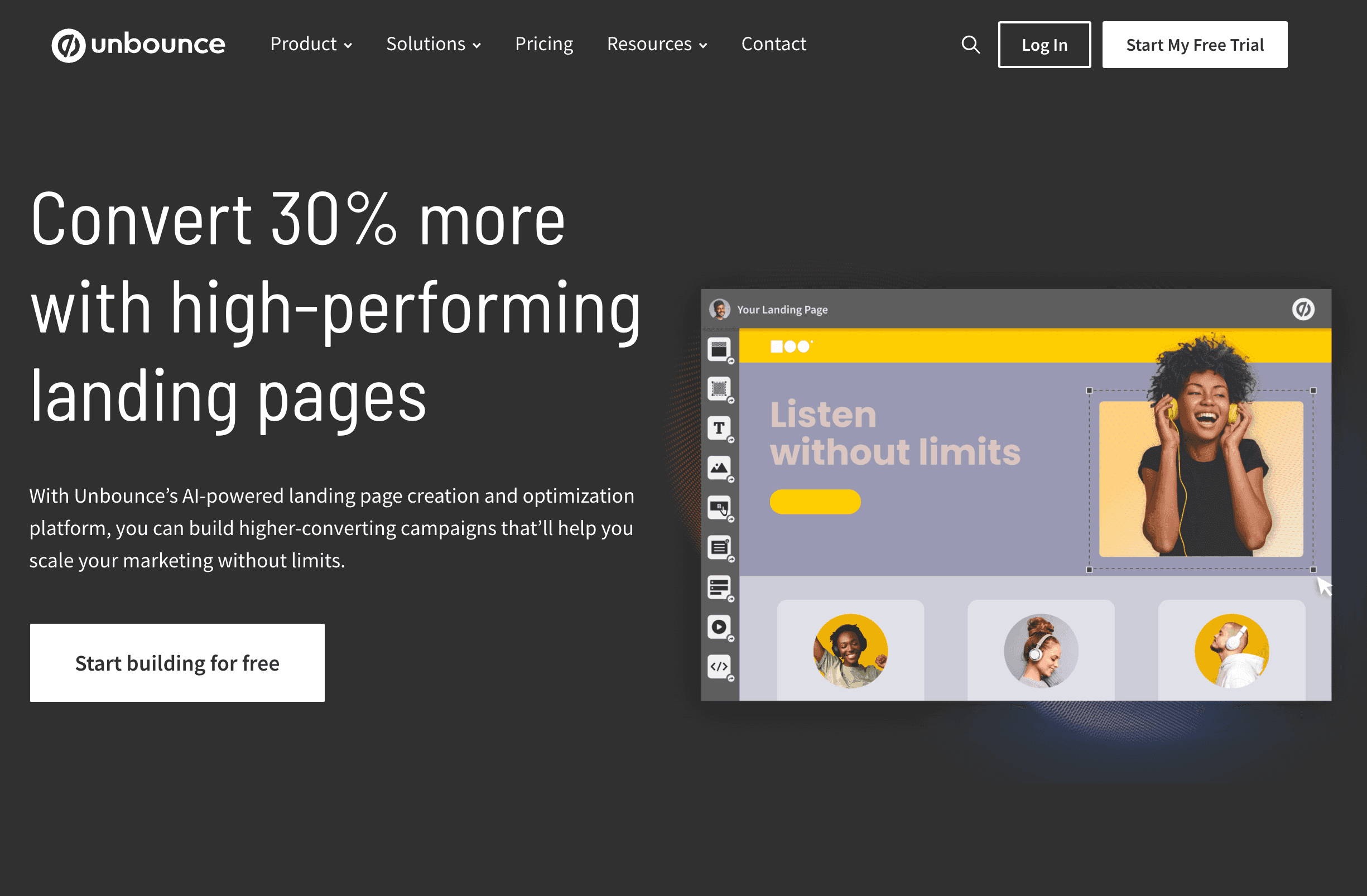 A screenshot of Unbounce's website