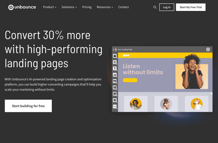 A screenshot of Unbounce's website