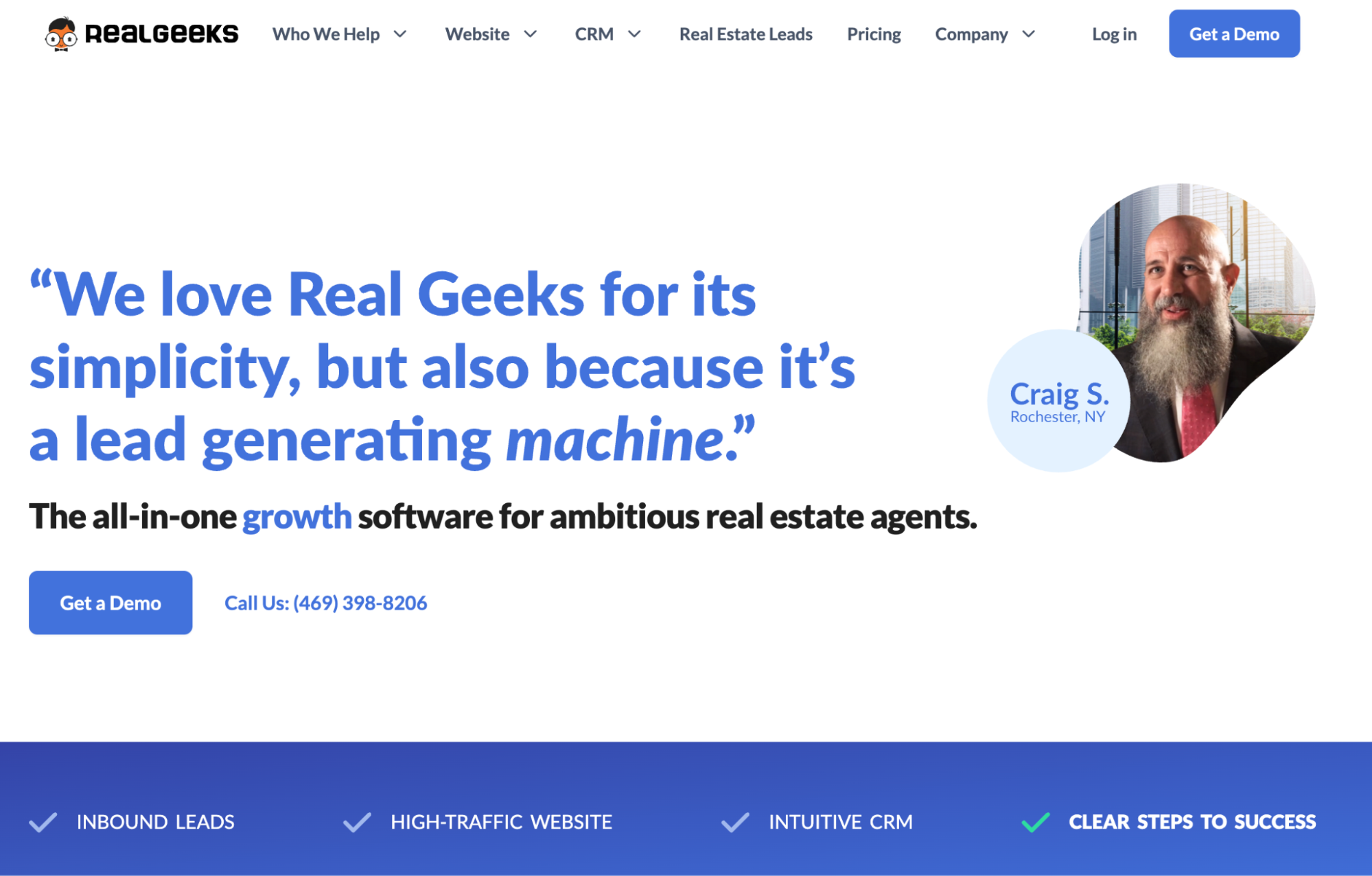 Real Geeks website screenshot showing a man with a long beard giving a testimonial about the software's lead generation for real estate agents.