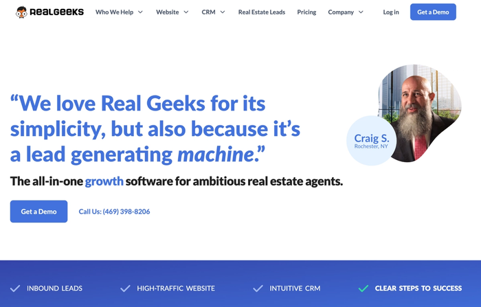 Real Geeks website screenshot showing a man with a long beard giving a testimonial about the software's lead generation for real estate agents.
