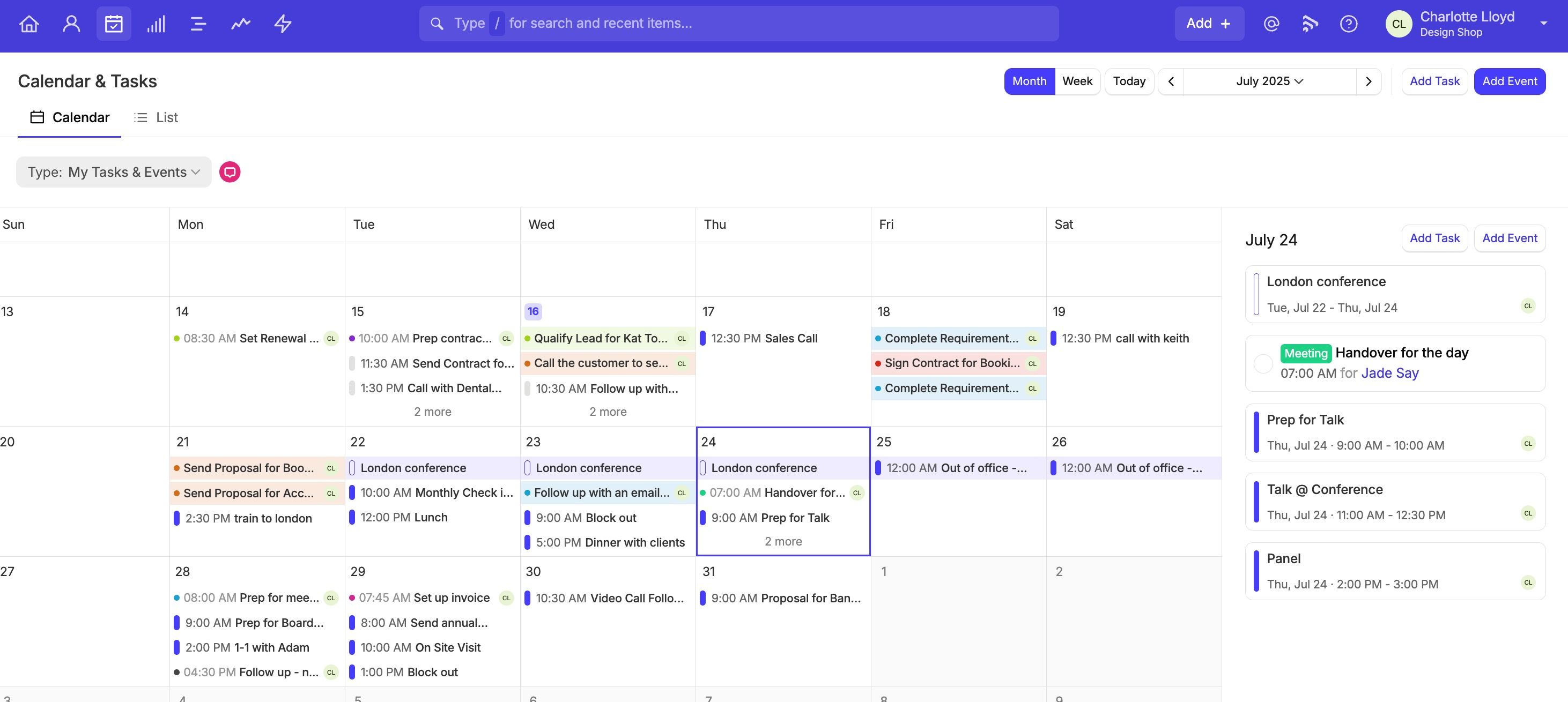 Vista de calendario mostrando eventos de integración con Google Calendar y enlace de Google Meet para unirse a una llamada