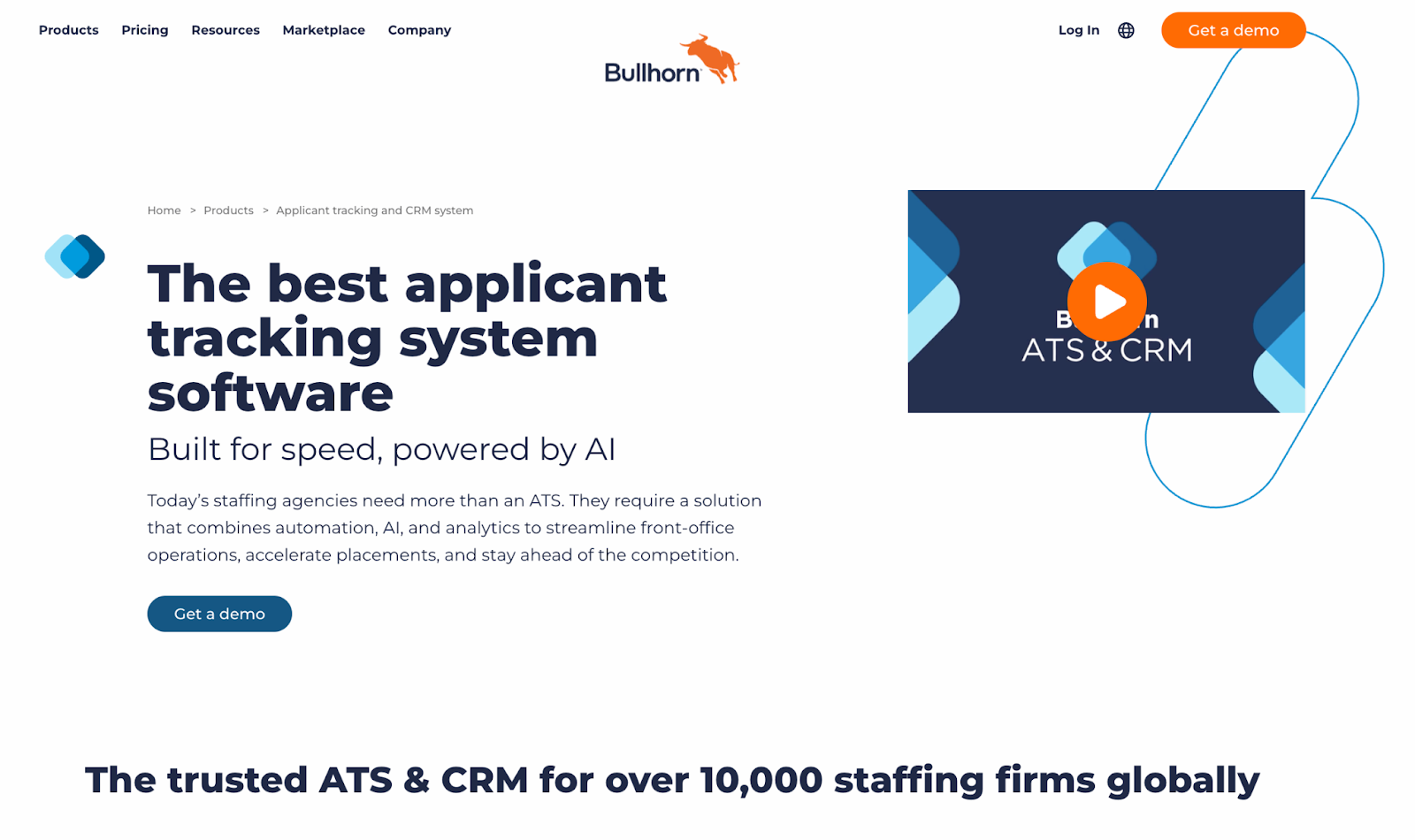 Bullhorn website promoting their Applicant Tracking System (ATS) and CRM software.