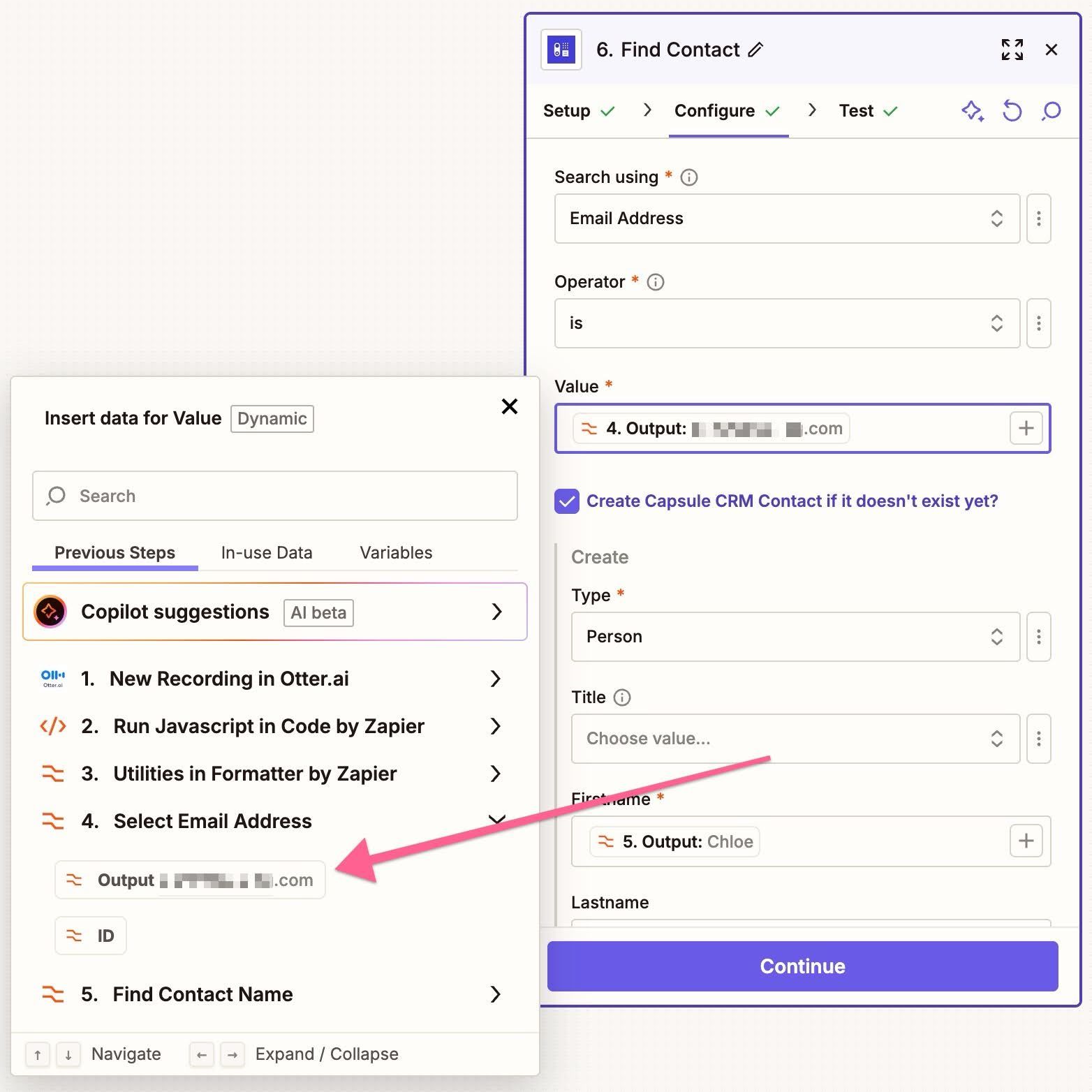 find contact step configured in zapier