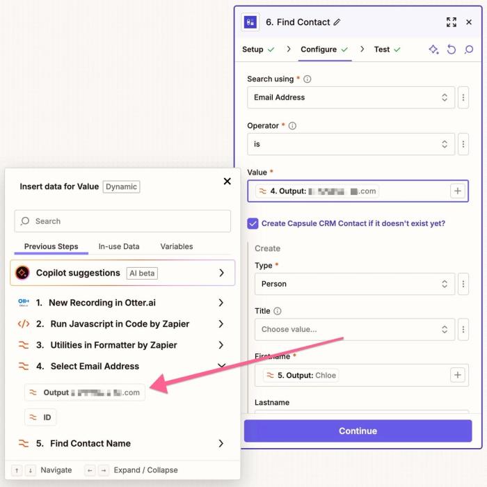 find contact step configured in zapier