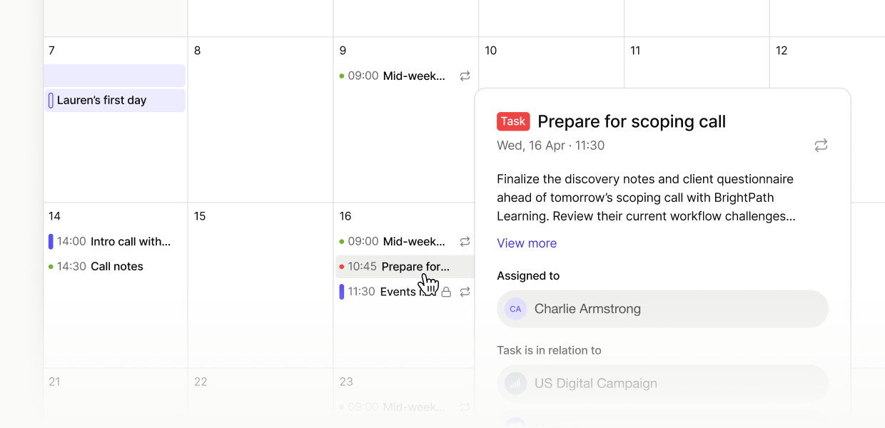 image shows the capsule crm calendar with events from your calendar available along side your scheduled tasks for the day