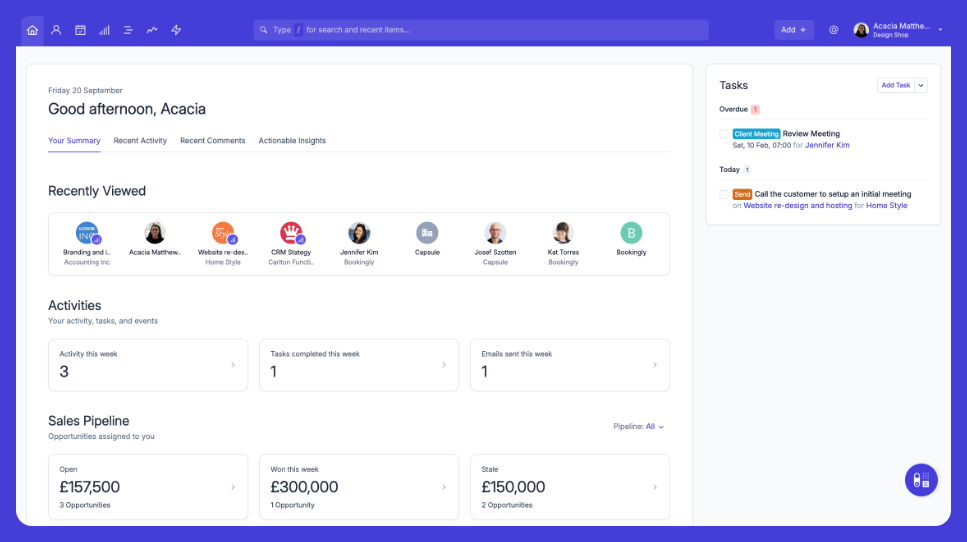Capsule CRM dashboard.