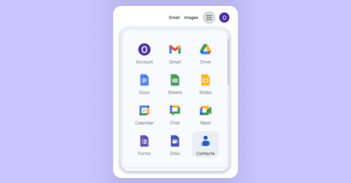 A screenshot demonstrates how to find Google Contacts from the Google homepage