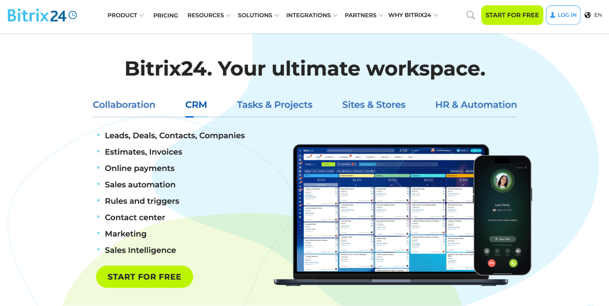 Bitrix24 website featuring its "ultimate workspace" slogan, CRM features listed, and the software demonstrated on a laptop and smartphone.