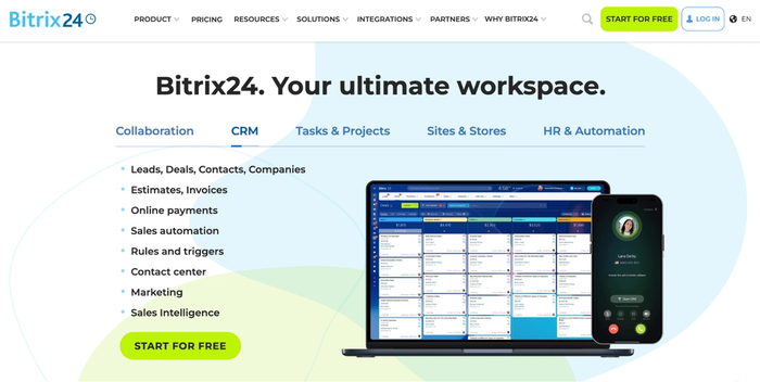 Bitrix24 website featuring its "ultimate workspace" slogan, CRM features listed, and the software demonstrated on a laptop and smartphone.