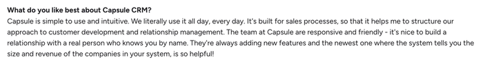 A positive text review praising Capsule CRM's simplicity, sales process support, responsive team, and helpful features.