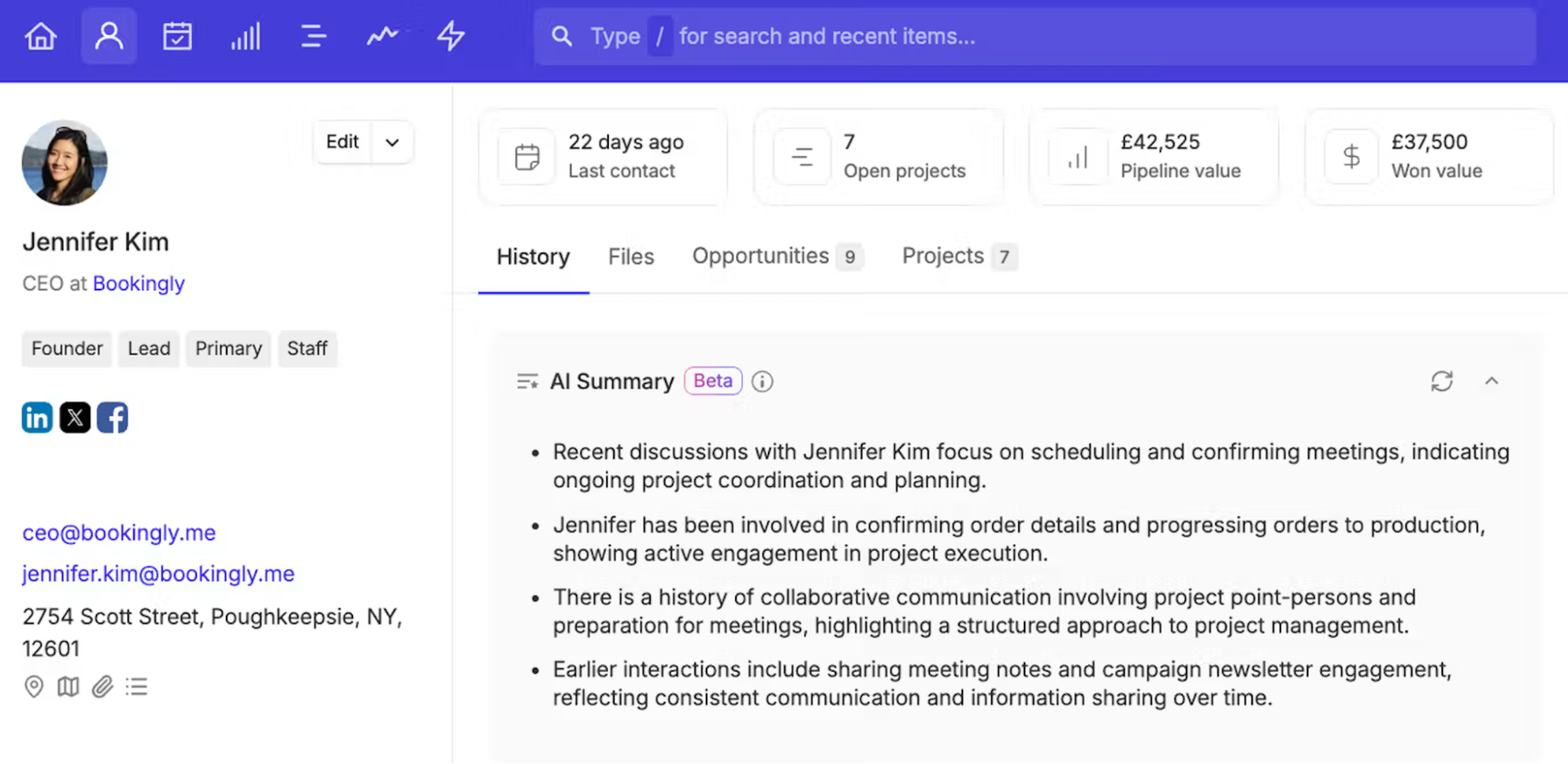 CRM dashboard displaying contact information, AI activity summary, and project/financial metrics.