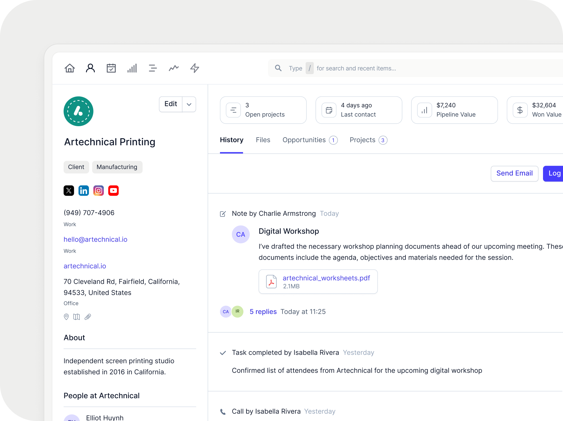 A screenshot from Capsule CRM displaying company profile with contact details on the left, and an activity feed with notes, Tasks and meetings logged fills the rest of the company record