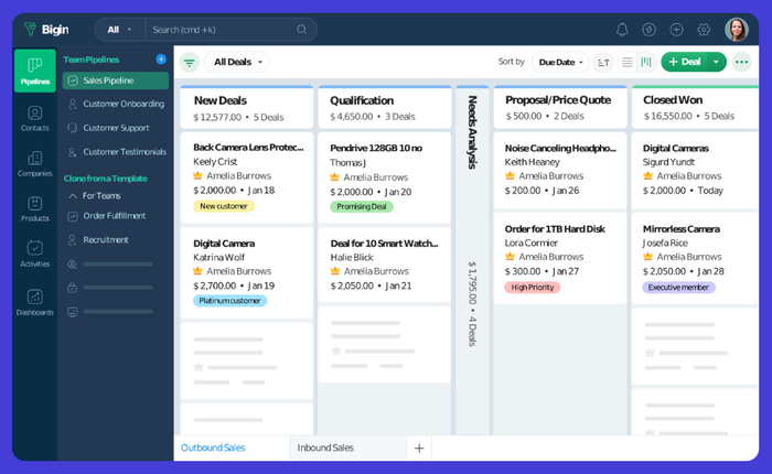 Bigin CRM dashboard.