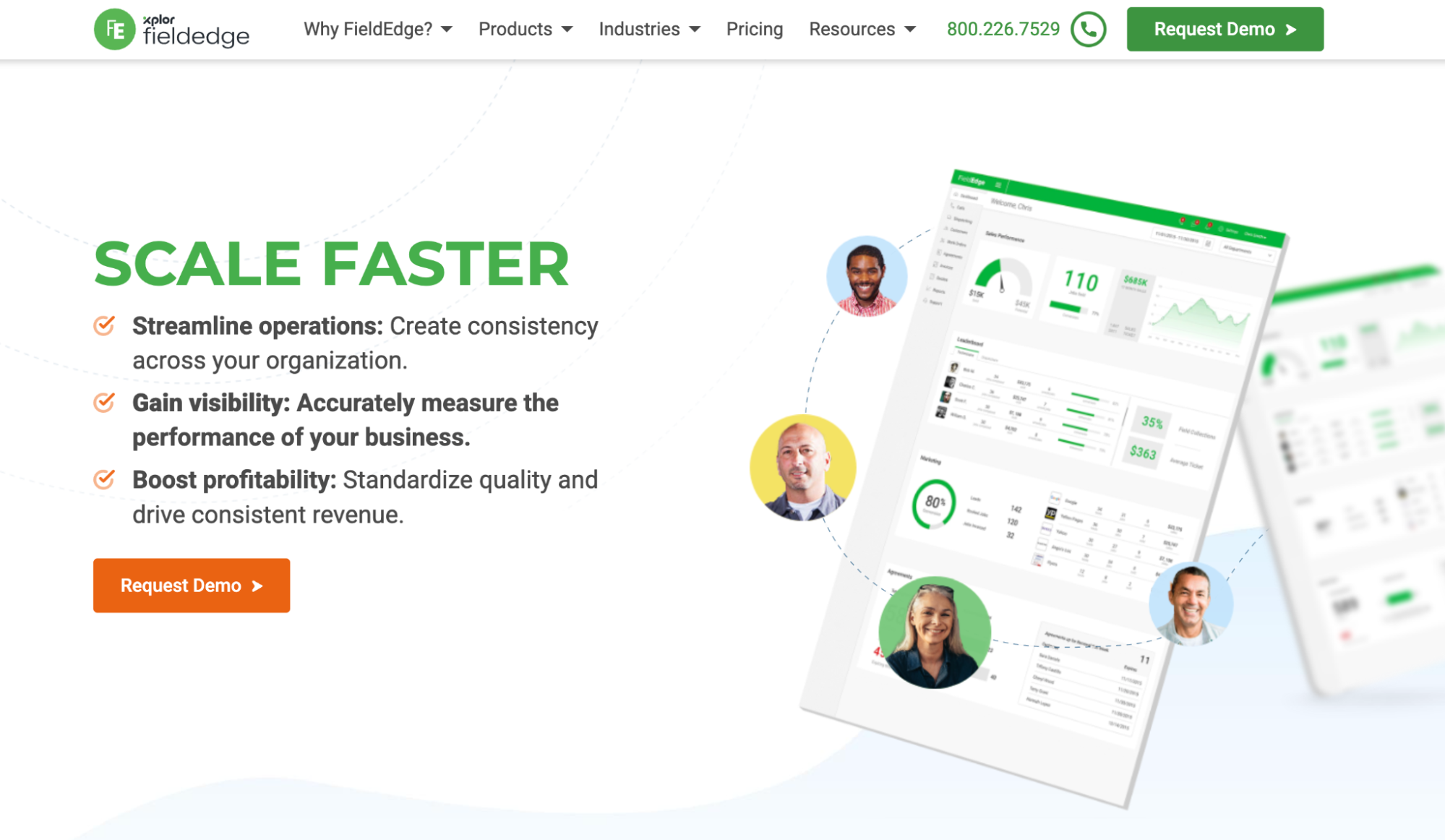 Fieldedge website promoting "Scale Faster" with a data dashboard on a tablet and four linked user profiles.