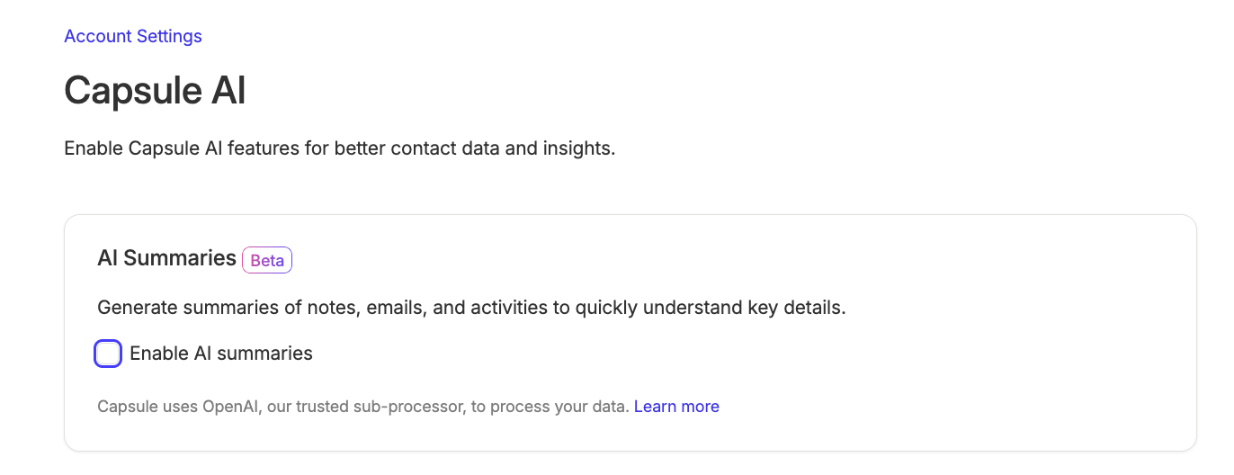 configuración de cuenta del resumen de IA con la función desactivada