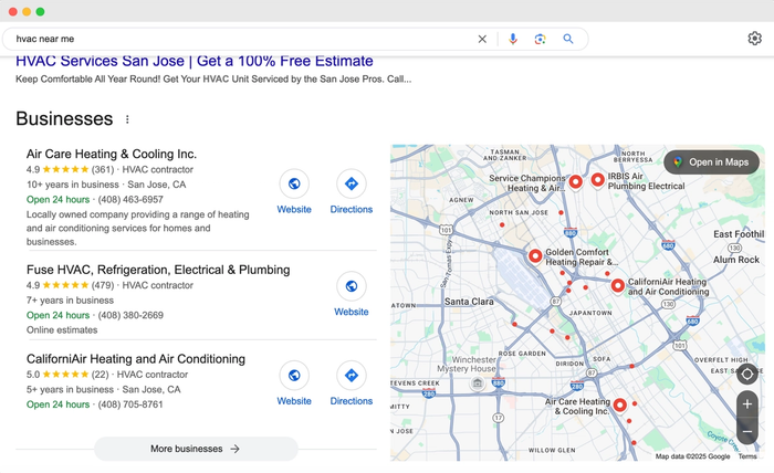 A Google search for hvac services San Jose.