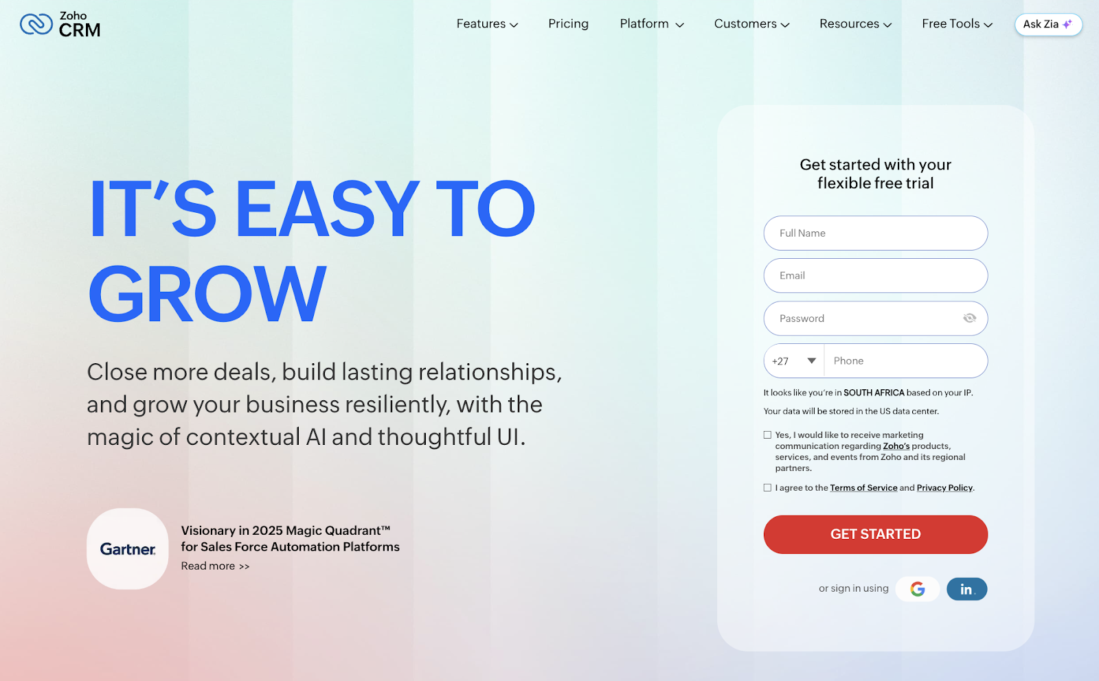 Zoho CRM website landing page showing "IT'S EASY TO GROW" headline, AI-powered features, Gartner recognition, and a free trial signup form.