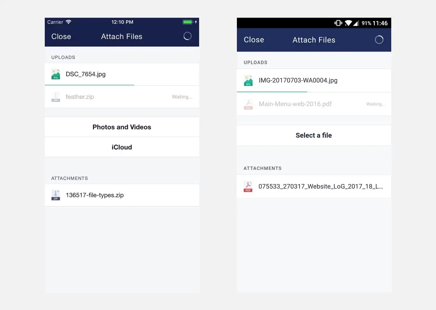 Uploading files to the Capsule CRM app.