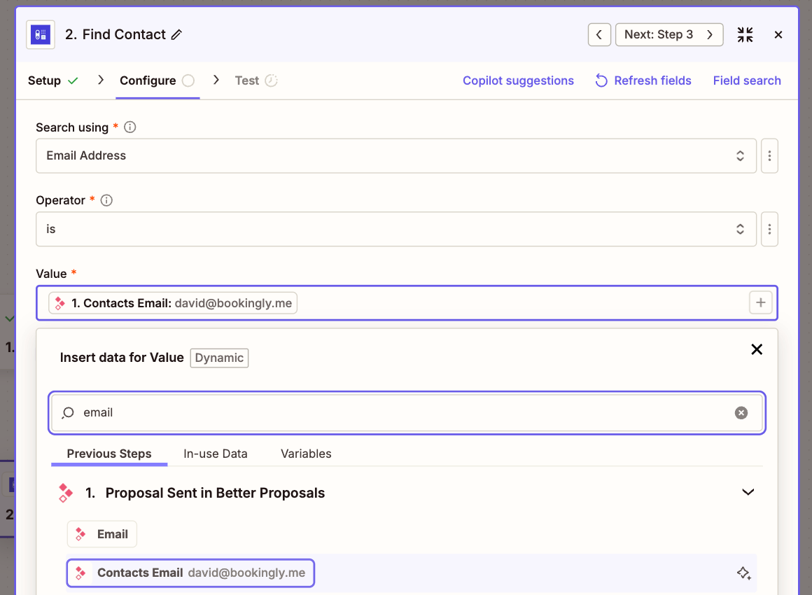 champ e-mail de Better Proposals inséré pour l’étape de recherche de contact dans Zapier