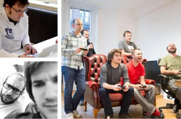A collage of photos - Phil at a computer top left, Dom and Joe in a selfie bottom left, right: the team playing a computer game and laughing