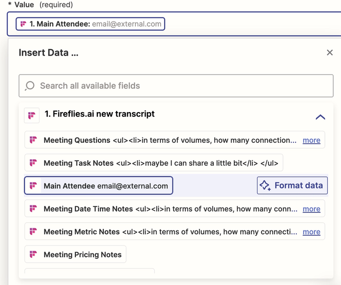Screenshot showing the options to select fields from the Fireflies trigger, specifically the email address